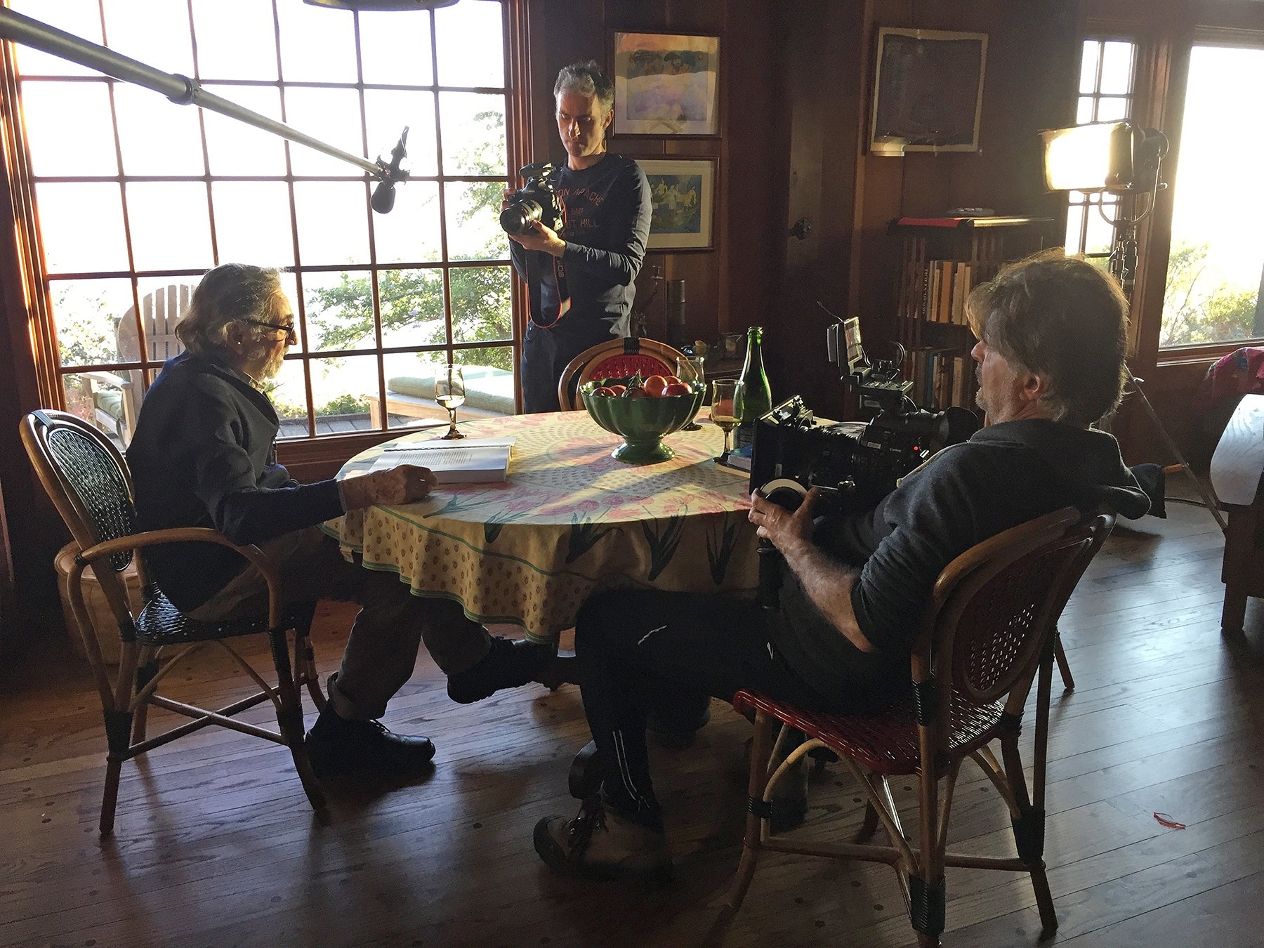 Shooting at Vilmos' home in Big Sur, with James Chressanthis, ASC (right). Photo Tad Chamberlain.