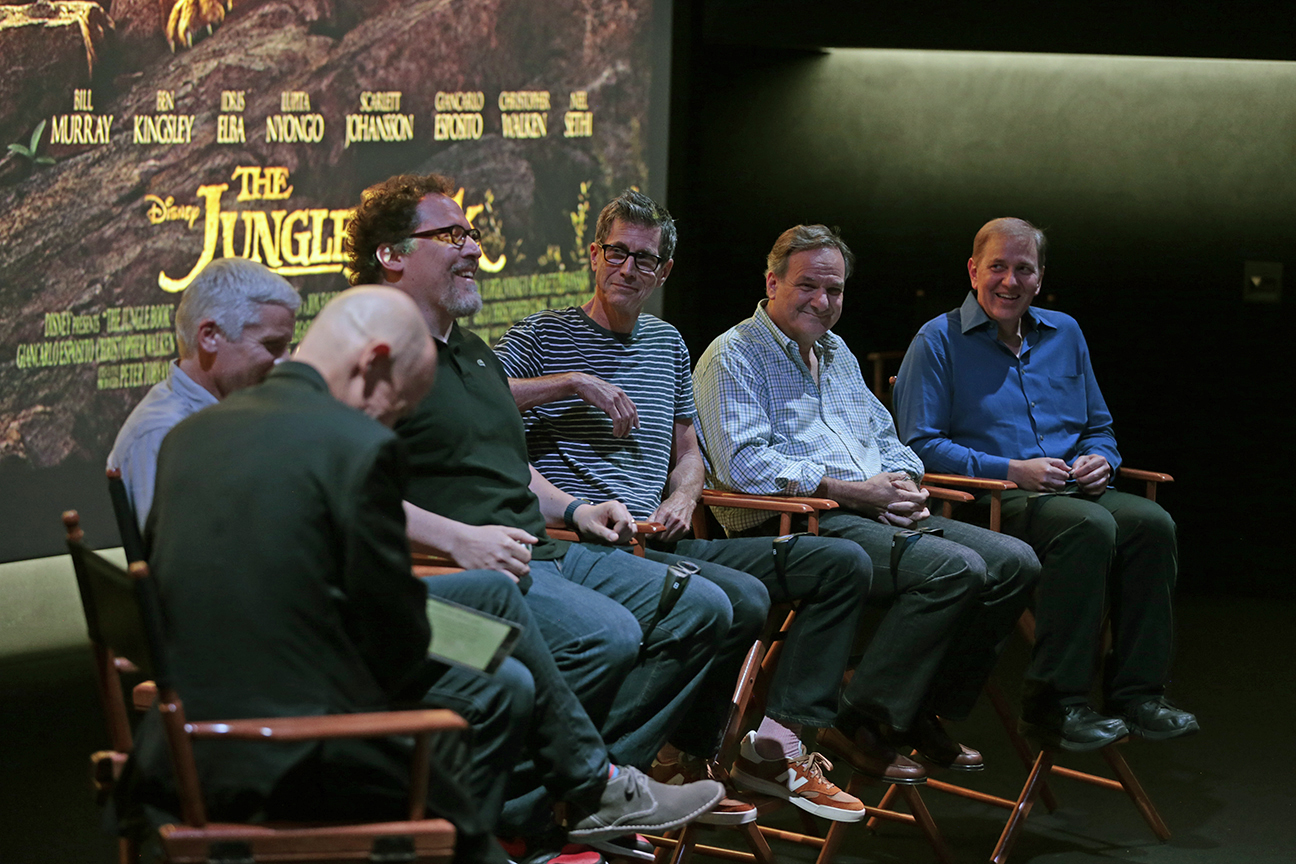 From left, moderator David Morin, ASC and the Jungle Book creative team, which included producer Bringham Taylor, director-producer Jon Favreau, cinematographer Bill Pope, ASC; visual effects supervisor Rob Legato, ASC and supervising finishing artist Steve Scott.