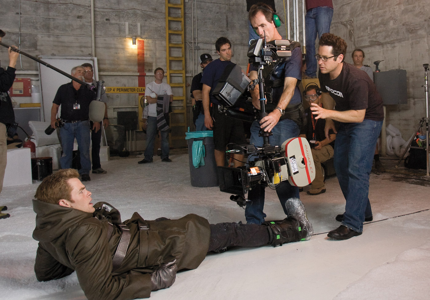 Abrams sets up a Steadicam shot on actor Chris Pine.