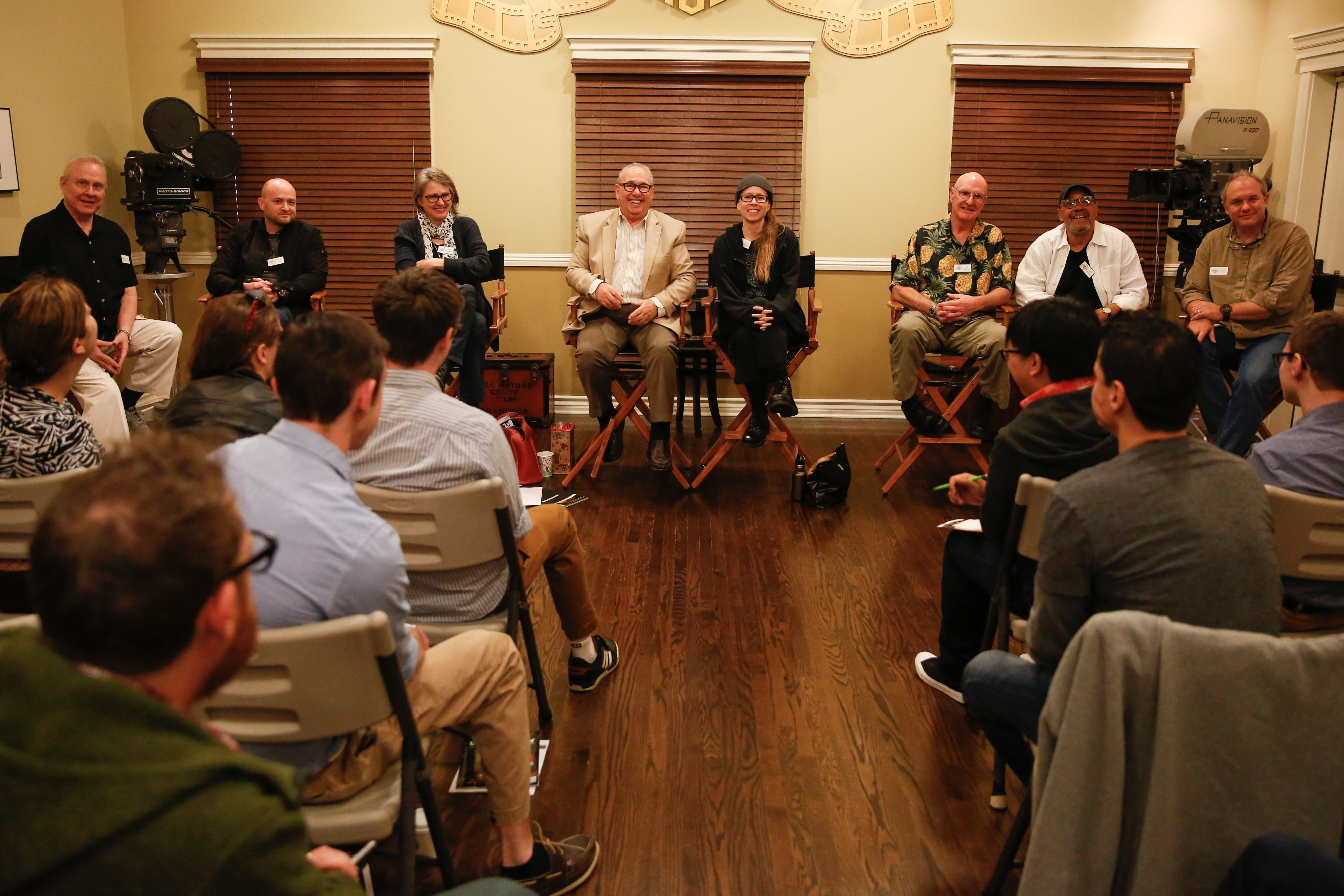 From left: ASC cinematographers Don McCuaig, David Klein, Cynthia Pusheck, George Spiro Dibie, Lisa Wiegand, Bill Bennett, John Simmons and Chris Chomyn field questions from students from the Rochester Institute of Technology. (Alex Beatty/ASC)