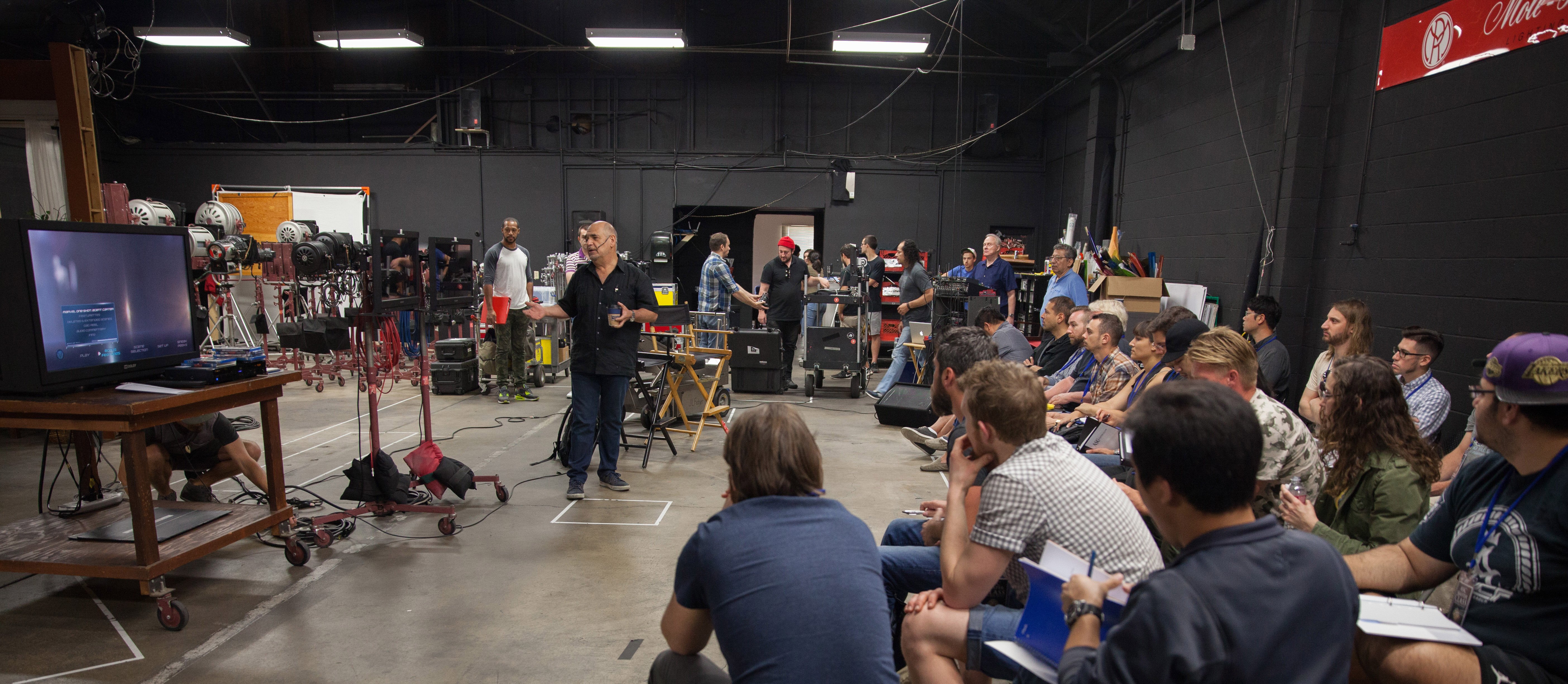 Gabriel Beristain, ASC, BSC, teaches a recent ASC Master Class on the soundstage at Mole-Richardson Co.