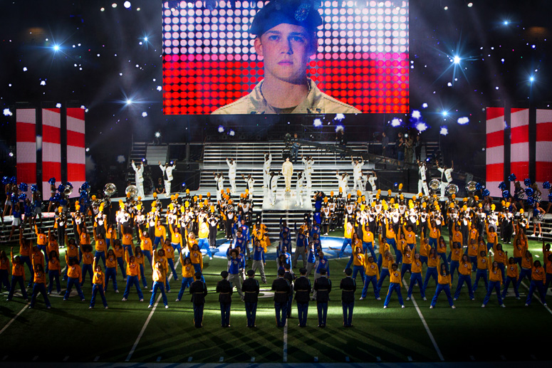 Billy Lynn (Joe Alwyn), dancers, and Alabama State Marching Hornets in TriStar Pictures'  Billy Lynn's Long Halftime Walk.