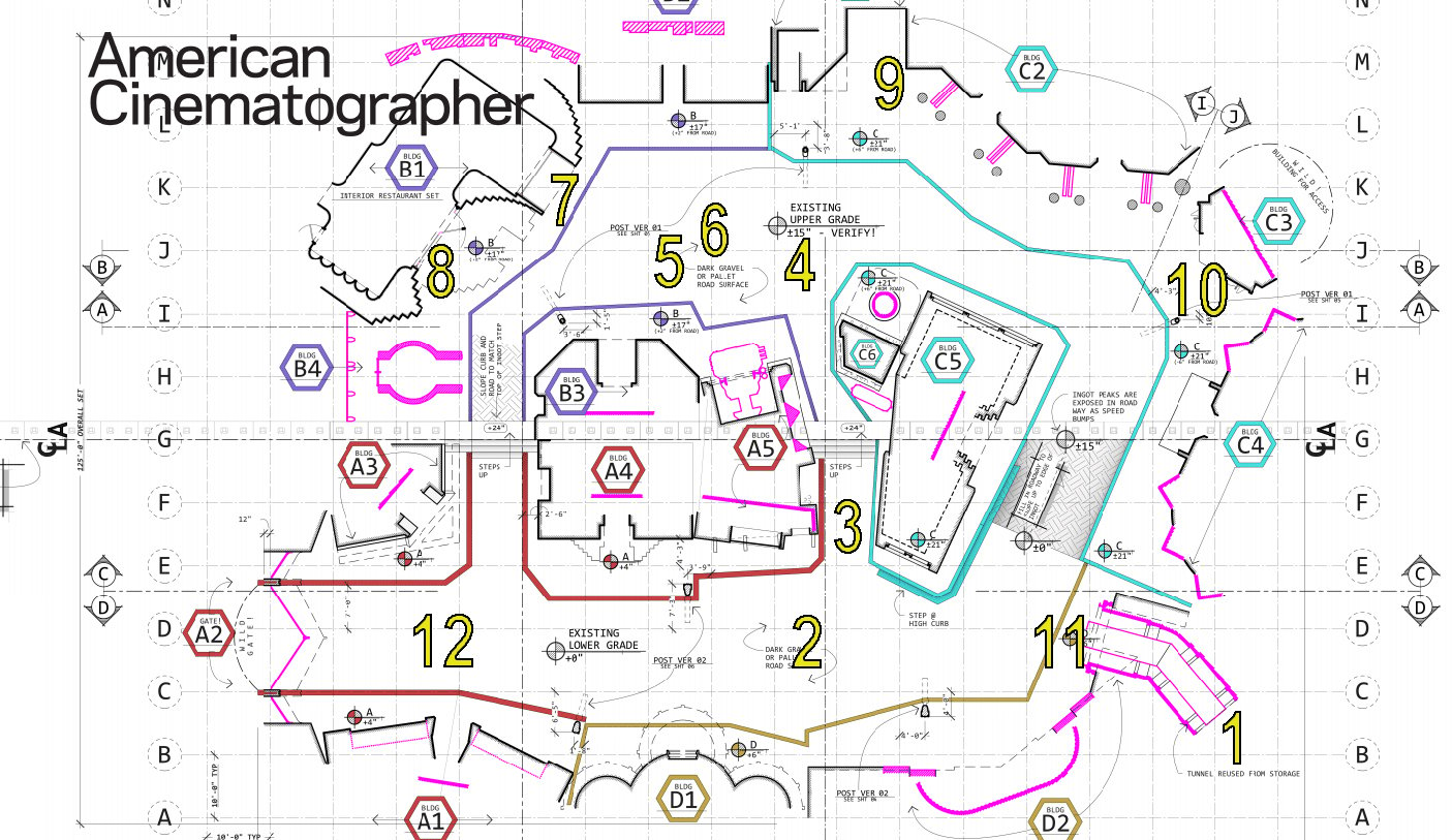 In this diagram of the set, the yellow-shaded numbers indicate the locations referred to below. Click on image for the full schematic diagram of Shuroo Main St.