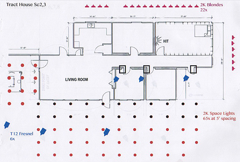 Roger's rough lighting diagram for the set of the Raid. The truck enters at the left, the shot is fired in the room at the right.