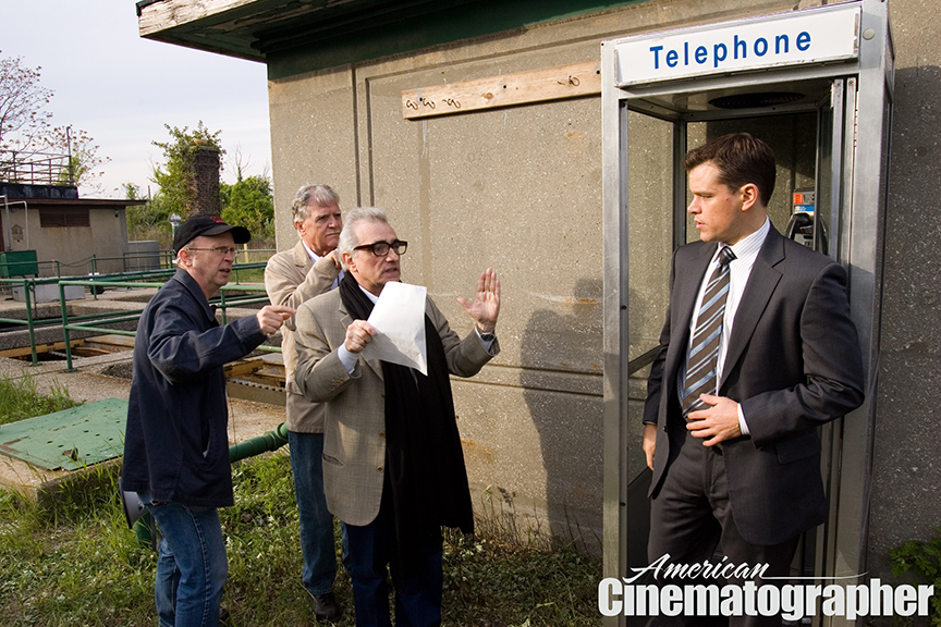 From left, 1st AD Joe Reidy, Ballhaus and Scorsese plan coverage on Matt Damon.