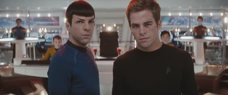 Spock (Zachary Quinto, left) and James T. Kirk (Chris Pine) face the first of their adventures together in Star Trek. 