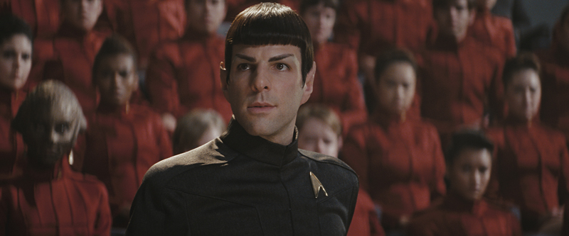 Spock addresses an assembly of cadets at Starfleet Academy. 