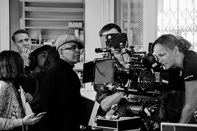 Cinematographer Oona Menges (far right) lines up a shot for the series Different for Girls while director Campbell X (wearing hat and glasses) looks on.